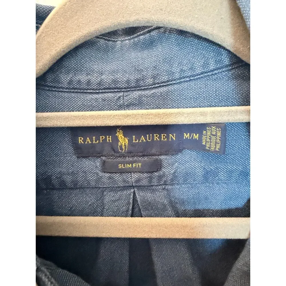 Ralph Lauren Slim Fit Denim Oxford Shirt Blue Pony Short Sleeve Shirt-Size M